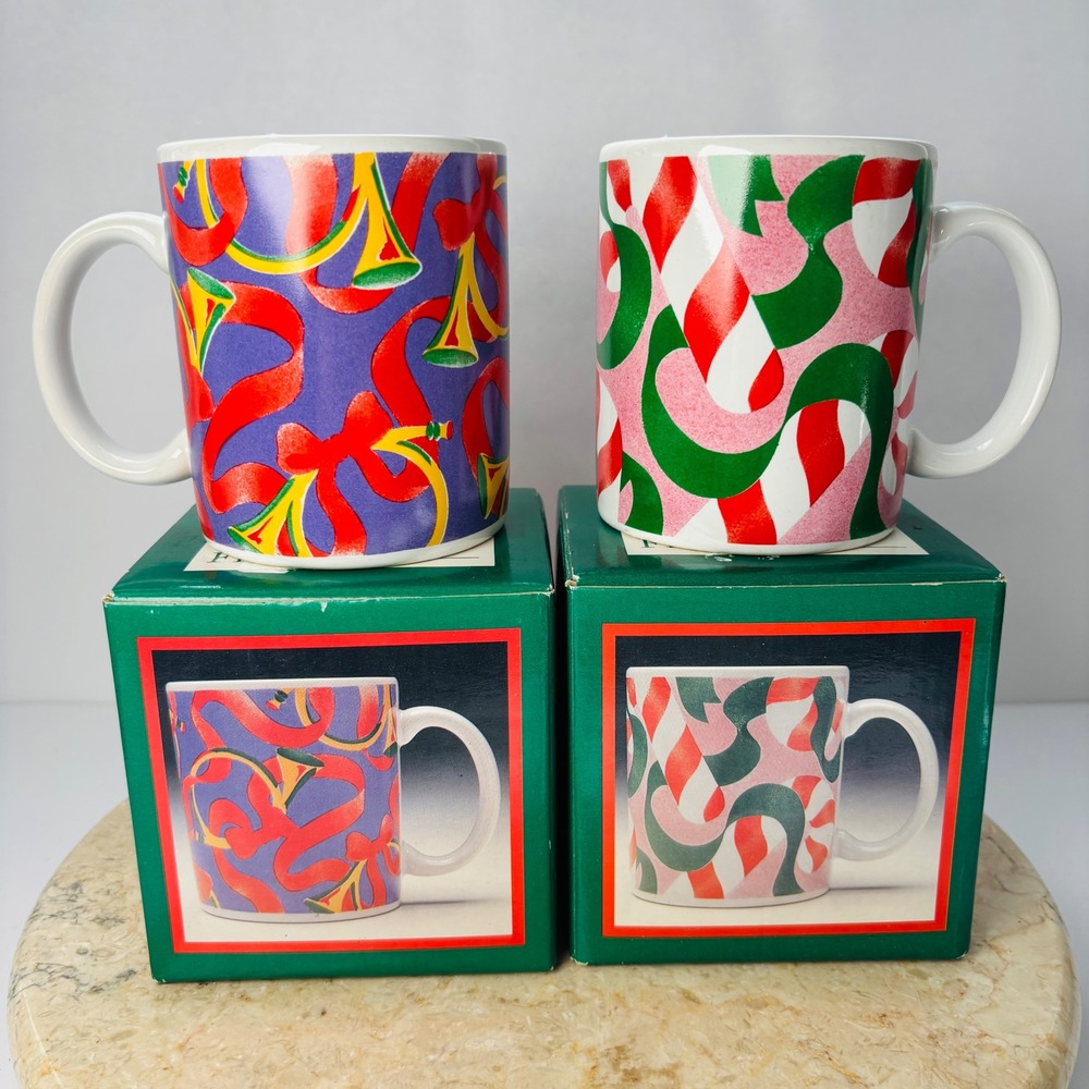 Vintage‎ Retro Century Stoneware Thailand Mug Set Candy Cane  French Horns Cup
